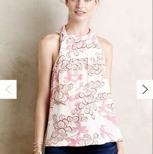 Anthropologie Maeve Pink Bird Elata Tank with Tie Neck Cutout Back 4 Feminine